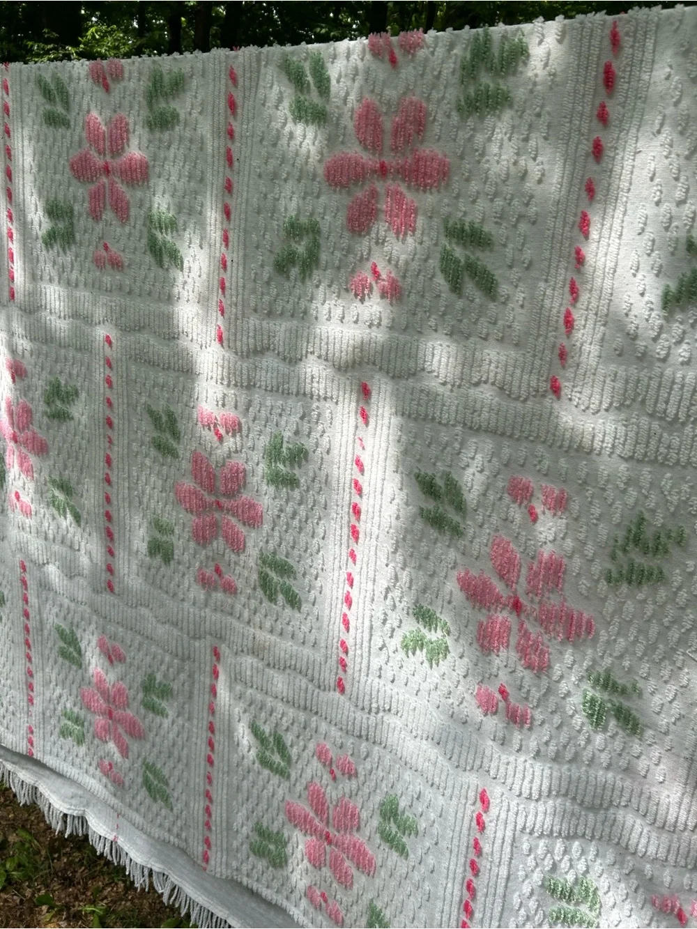 Vintage Chenille Bedspread Queen- Pink & Green Grandma MCM Cottage
